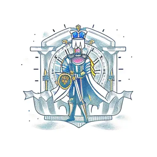 A knight standing in front of a throne that is below a big mechanical clock, holding a small anchor with lilacs tattoo design idea