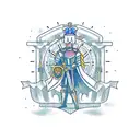 A knight standing in front of a throne that is below a big mechanical clock, holding a small anchor with lilacs tattoo design idea