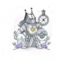 A knight standing in front of a throne that is below a big mechanical clock, holding a small anchor with lilacs tattoo design idea