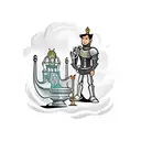 A knight standing in front of a throne that is below a big mechanical clock, holding a small anchor with lilacs tattoo design idea