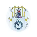 A knight standing in front of a throne that is below a big mechanical clock, holding a small anchor with lilacs tattoo design idea