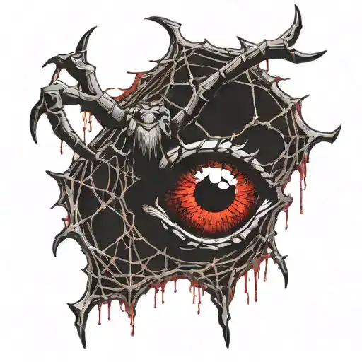Satanic Realistic Eye, cracked and bleeding. dark black blood red. Bleeding Thorns black spider web and Golden Horns tattoo design idea