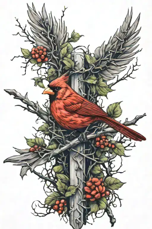 cardinal surrounding cross of thorns wrapped tattoo design idea