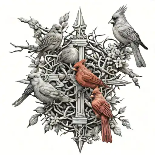 5 cardinals surrounding cross of thorns tattoo design idea