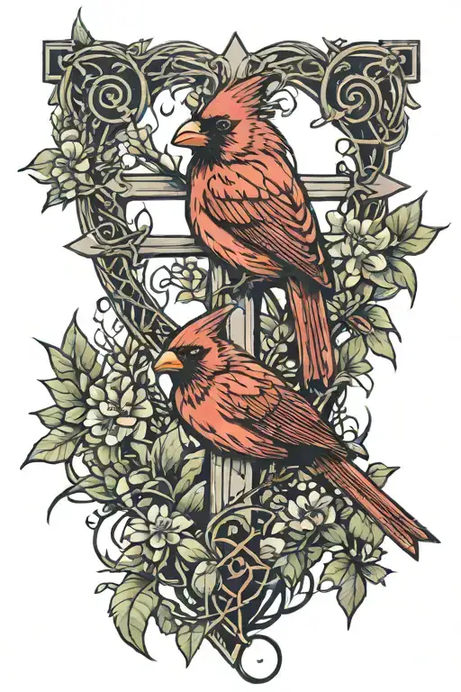 cardinal surrounding cross of thorns wrapped tattoo design idea