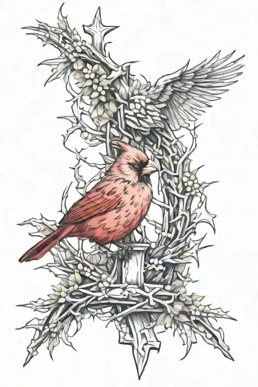 cardinal surrounding cross of thorns wrapped tattoo design idea