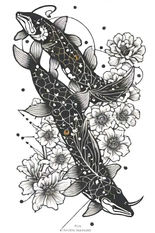A Pisces constellation intertwined with a Taurus constellation, surrounded by California poppies and koi fish tattoo design idea