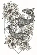 A Pisces constellation intertwined with a Taurus constellation, surrounded by California poppies and koi fish tattoo design idea