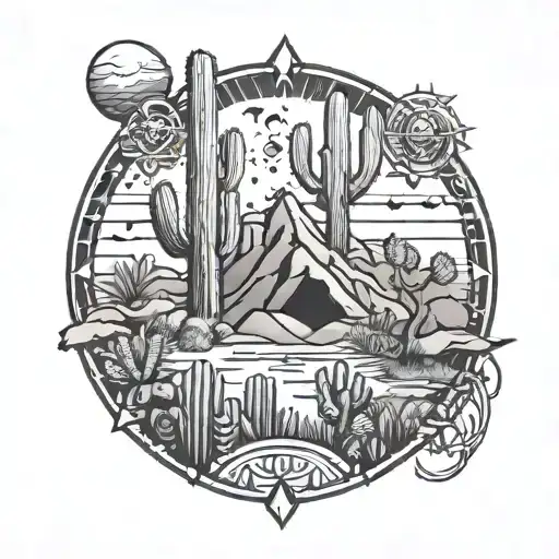 A mystical desert oasis surrounded by magical symbols and cacti tattoo design idea