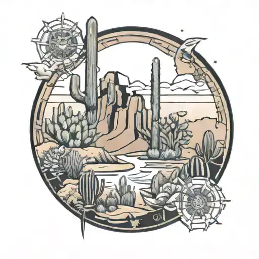 A mystical desert oasis surrounded by magical symbols and cacti tattoo design idea