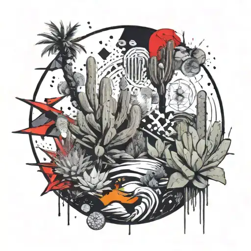 A mystical desert oasis surrounded by magical symbols and cacti tattoo design idea