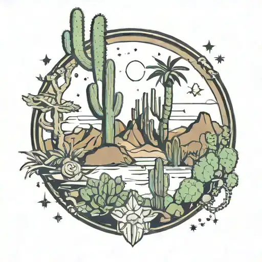 A mystical desert oasis surrounded by magical symbols and cacti tattoo design idea