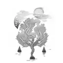 sun moon mountain water tree tattoo design idea