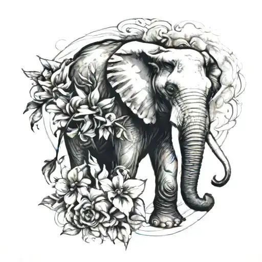 realist elephant with 3 different but similar flowers blooming from it with fire  traces tattoo design idea