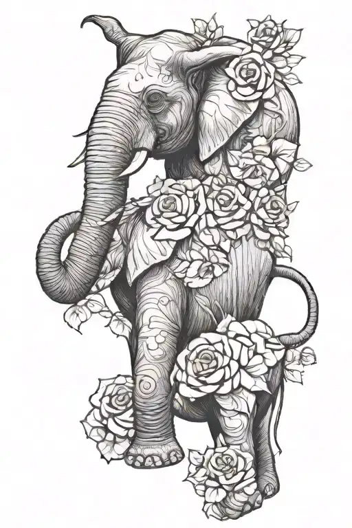 elephant with roses growing tattoo design idea