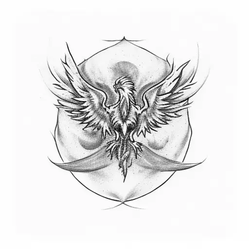 Tattoo design for a man's chest and upper abdomen with a phoenix symbolizing rebirth and transformation. The phoenix is  tattoo design idea