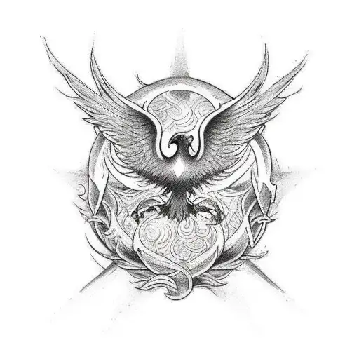Tattoo design for a man's chest and upper abdomen with a phoenix symbolizing rebirth and transformation. The phoenix is  tattoo design idea