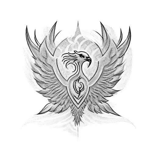 Tattoo design for a man's chest and upper abdomen with a phoenix symbolizing rebirth and transformation. The phoenix is  tattoo design idea