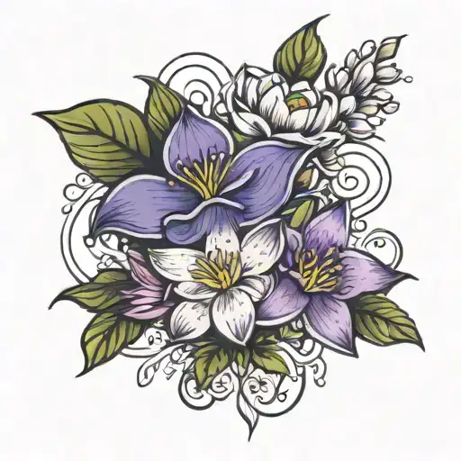 a bouquet of violet and waterlily flowers intertwined tattoo design idea