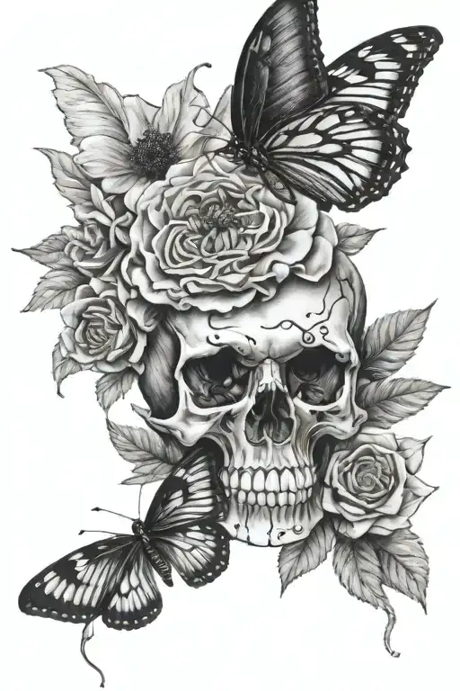 Black flower with teeth and saliva on the shorter one sat a butterfly with a skull on its wings. Black and white tattoo on the forearm tattoo design idea