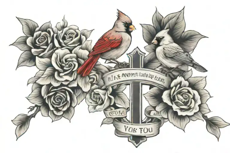 Cardinals with the quote "I am always with you" and a cross with the date 6/15/23 tattoo design idea