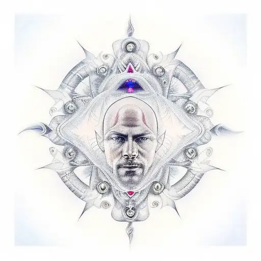 A realistic tattoo of Alex Grey's iconic third eye artwork, with intricate tool designs surrounding it. tattoo design idea