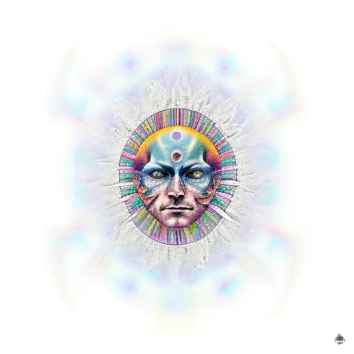  colorful tattoo of Alex Grey's iconic third eye artwork, with intricate tool designs surrounding it. tattoo design idea