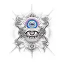 A realistic tattoo of Alex Grey's iconic third eye artwork, with intricate tool designs surrounding it. tattoo design idea