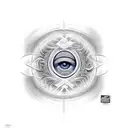 A realistic tattoo of Alex Grey's iconic third eye artwork, with intricate tool designs surrounding it. tattoo design idea