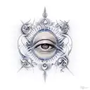 A realistic tattoo of Alex Grey's iconic third eye artwork, with intricate tool designs surrounding it. tattoo design idea