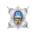 A realistic tattoo of Alex Grey's iconic third eye artwork, with intricate tool designs surrounding it. tattoo design idea