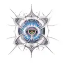 A realistic tattoo of Alex Grey's iconic third eye artwork, with intricate tool designs surrounding it. tattoo design idea