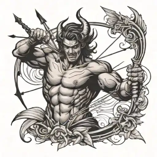 Eros with bow and arrow fighting demon holding pitchfork tattoo design idea