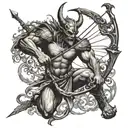 Eros with bow and arrow fighting demon holding pitchfork tattoo design idea
