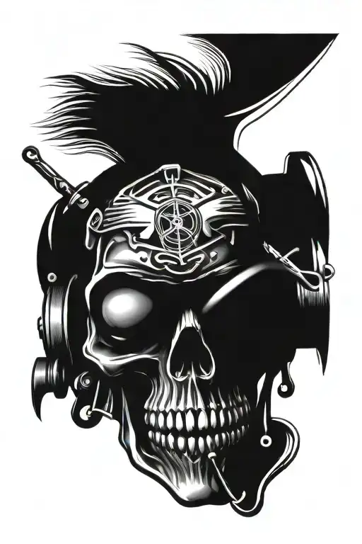 skull wearing welding mask with wrenches crossed underneath tattoo design idea