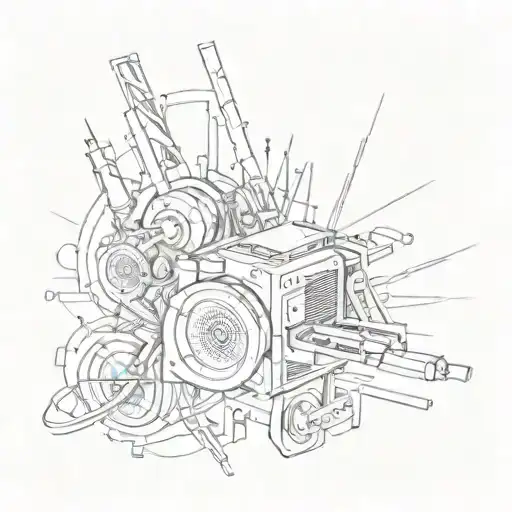 A dynamic composition of a music-themed sleeve tattoo incorporating elements of engineering and racing tattoo design idea