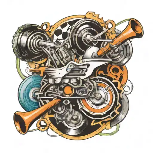 A dynamic composition of a music-themed sleeve tattoo incorporating elements of engineering and racing tattoo design idea
