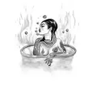 A blackwork tattoo depicting a melancholic figure sinking into water, embodying the passion for drowning and being chained up tattoo design idea