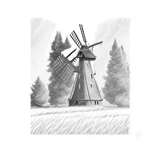 a traditional wooden windmill on a small grass hill with some wind blowing  tattoo design idea