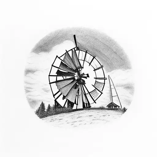 a traditional wooden windmill on a small grass hill with some wind blowing  tattoo design idea