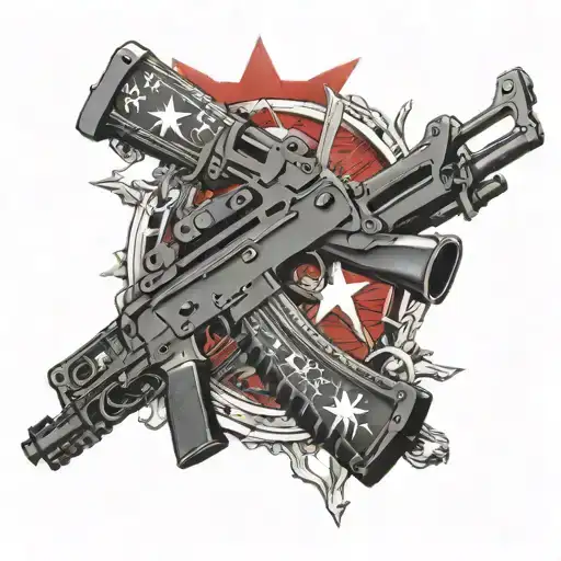 nautical star arm and hand sleeve featuring ak47 in red and black tattoo design idea
