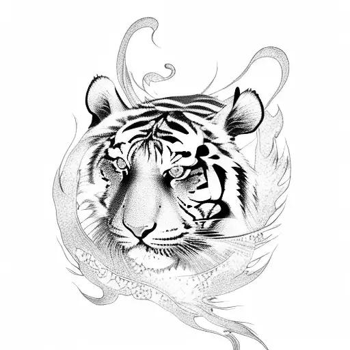 tiger, phoenix, coi fish with Japanese cherry blossoms in the background tattoo design idea