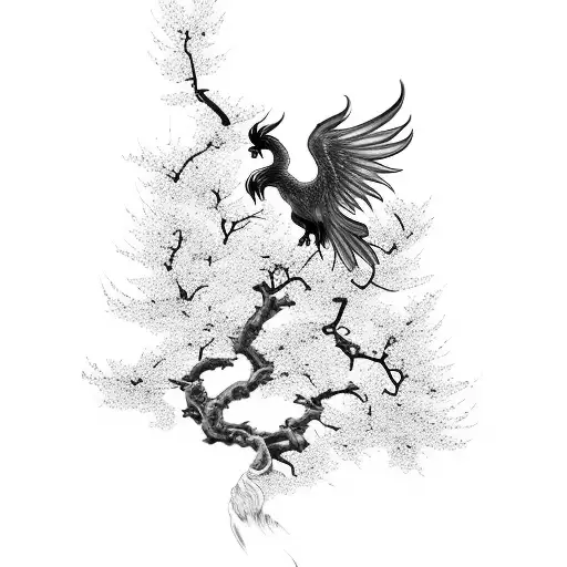 A phoenix rising from its slumber amidst a field of Japanese cherry blossom trees and koi fish in a pond tattoo design idea