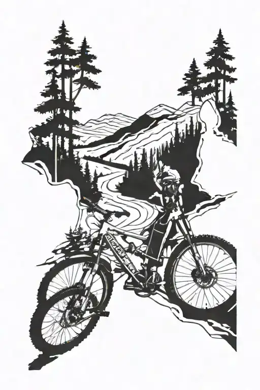 Mountain bike trail weaving through a forest tattoo design idea