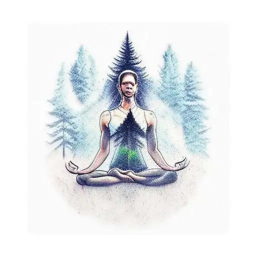 A realistic tattoo of a majestic forest scene with a person practicing yoga amidst the trees tattoo design idea