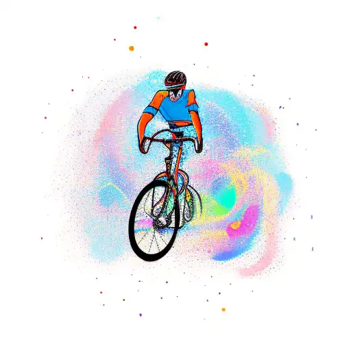 A new-school tattoo of a cyclist riding through the streets of Prague with a trail of colorful geometric shapes behind tattoo design idea