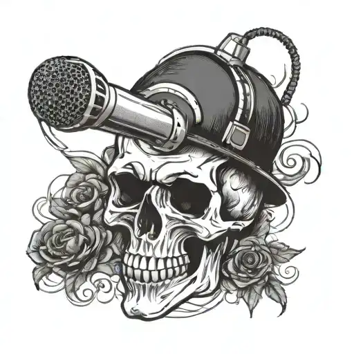 skull in front of mic tattoo design idea