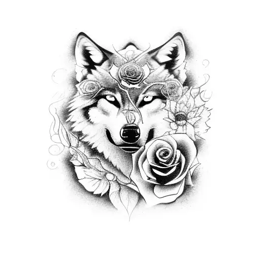 A mystical woman and wolf entwined in a half face design, adorned with elegant roses and sunflowers tattoo design idea