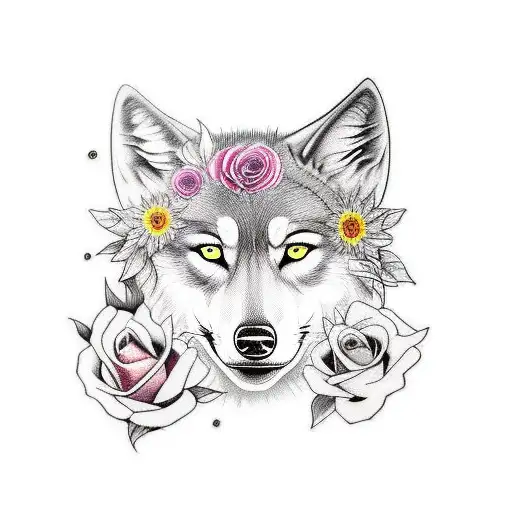 A mesmerizing representation of a woman and wolf, combined in a half face tattoo, adorned with elegant roses and vibrant sunflowers tattoo design idea