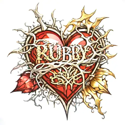 Crystal Deep Red Heart, The word "RUBY" in gold underneath, intricate silver thorns twisting around tattoo design idea